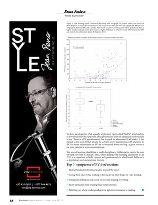 Bonus Feature
                                                 Kids Eyewear


                                                  Figure 1: Left: Reading speed (measured objectively with Visagraph III system, which uses infra-red
                                                  photodetectors to track eye movements in real time) versus refractive error (no significant difference in
                                                  astigmatism between IEPs and controls). Note the Y-axis shows reading speed below grade level. Thus, a
                                                  higher number indicates worse performance. Right: Difference in refractive error (DS) between the IEP
                                                  and controls (in submission, Quaid & Simpson, 2012).




                                                  We have developed an iPad-specific application (app) called “NuBV”, which is free
                                                  to download from the App store. This app contains tools for all eyecare professionals
                                                  to use. There is a BV questionnaire that is quick to administer (0-60 scale). If the
                                                  patient scores over 20 they should be seen for an eye examination with attention to
                                                  BV. For more information on BV, we recommend www.covd.org. A great resource
                                                  for your patients is www.visionhelp.com.

                                                  The area of learning disabilities is multi-disciplinary. Collaborative care is the way
                                                  forward, not just in eyecare. Thus, when dealing with learning disabilities as an
                                                  ECP, it is important to build rapport with professionals in allied health fields such
                                                  as psychology and occupational therapy.

                                                  Top     5 symptoms of BV dysfunction:
                                                  1.   Frontal headaches (forehead and/or around the eyes).

                                                  2. Losing their place while reading or having to use their finger or ruler to track.
                                                  3.Seeing text drifting in and out of focus when reading or writing.
                                                  4. Easily distracted from reading/near point activities.
                                                  5. Rubbing eyes when reading and general agitation/resistance to reading.

18   Envision: seeing beyond | may - june 2012
 