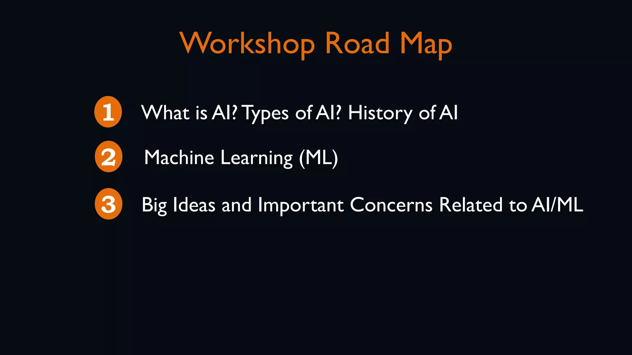 Workshop Road Map
1 What is AI? Types of AI? History of AI
3 Big Ideas and Important Concerns Related to AI/ML
2 Machine Learning (ML)
 