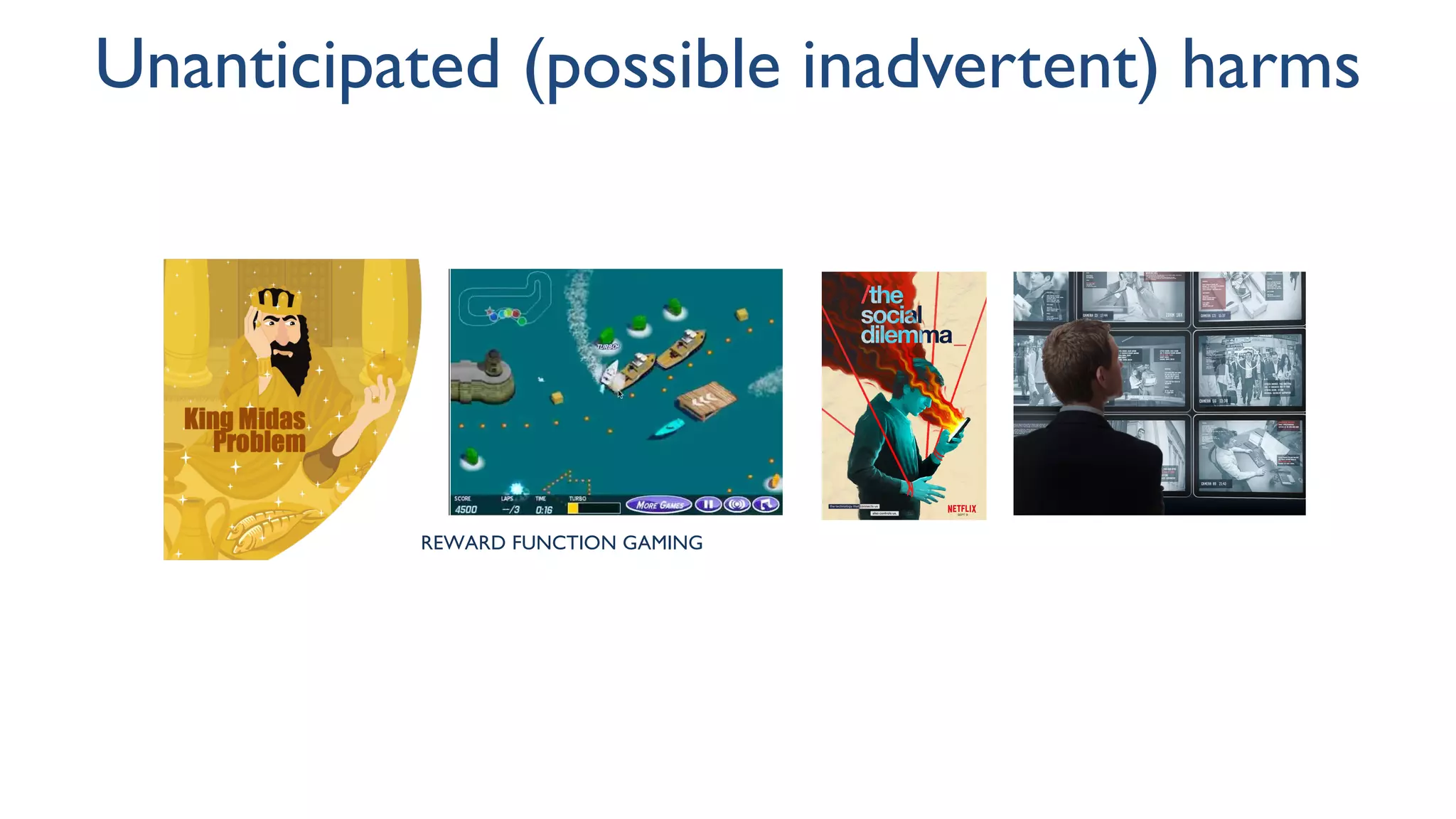 Unanticipated (possible inadvertent) harms
REWARD FUNCTION GAMING
Ledger of Harm
 