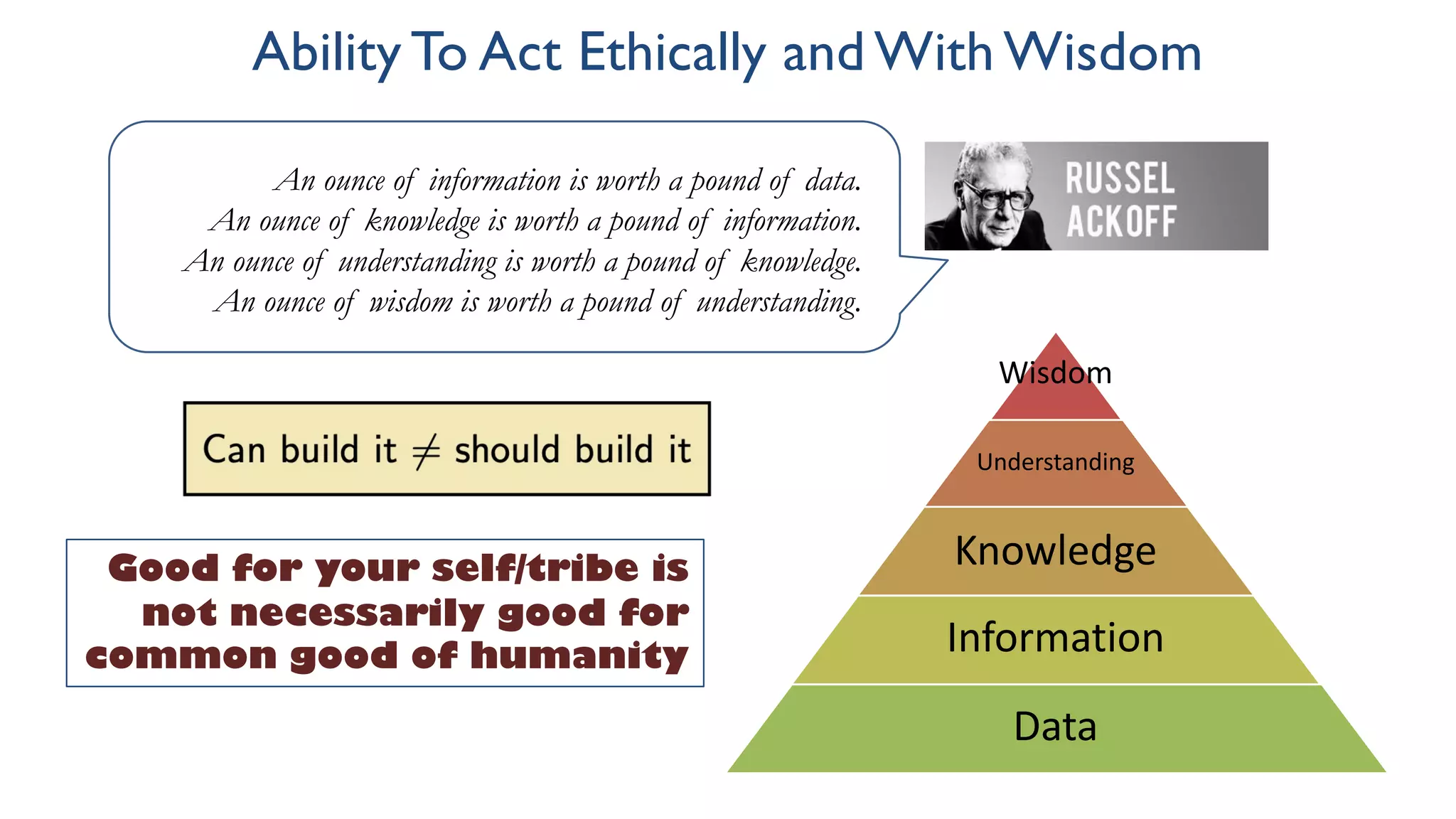 Ability To Act Ethically and With Wisdom
Wisdom
Understanding
Knowledge
Information
Data
An ounce of information is worth a pound of data.
An ounce of knowledge is worth a pound of information.
An ounce of understanding is worth a pound of knowledge.
An ounce of wisdom is worth a pound of understanding.
Good for your self/tribe is
not necessarily good for
common good of humanity
 