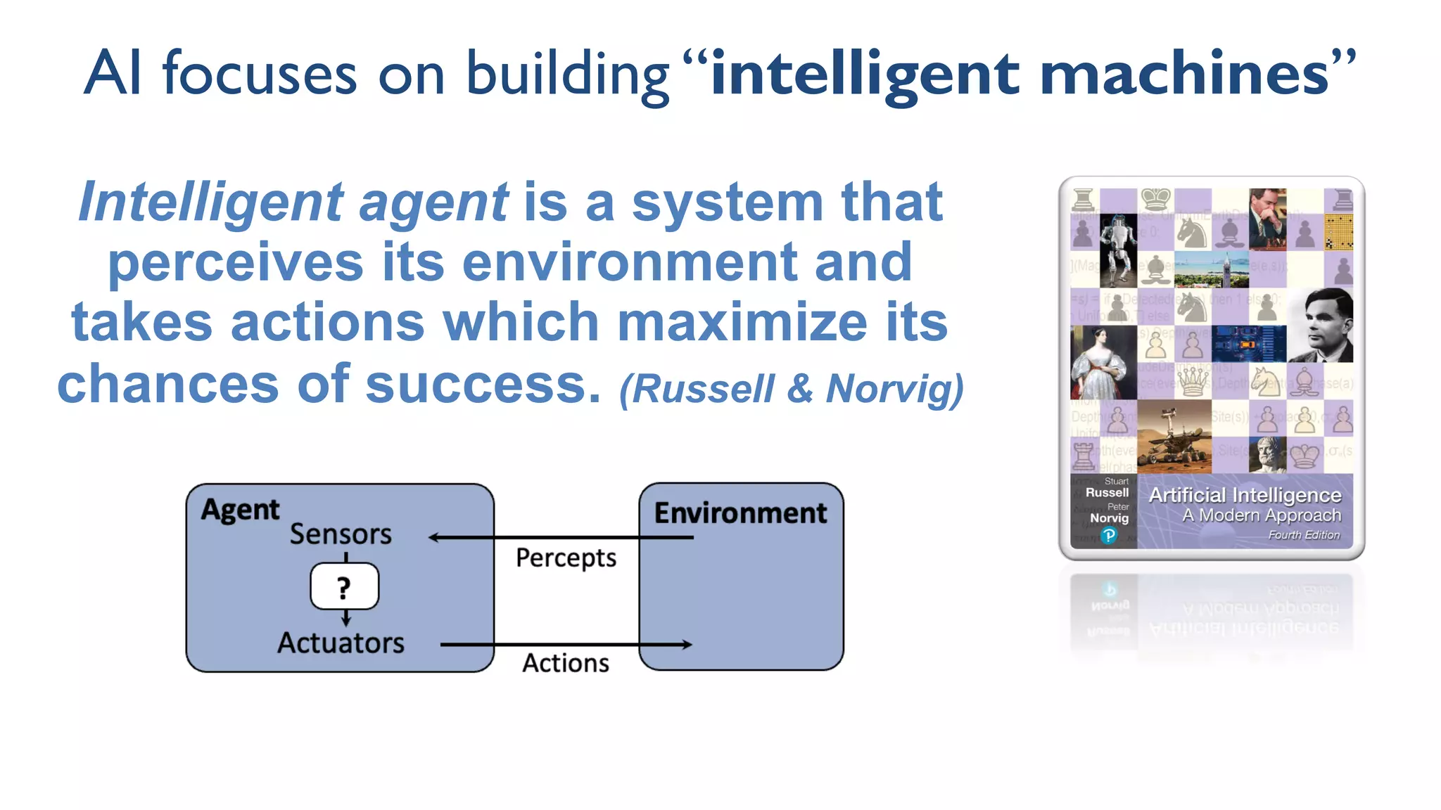 AI focuses on building “intelligent machines”
Intelligent agent is a system that
perceives its environment and
takes actions which maximize its
chances of success. (Russell & Norvig)
 