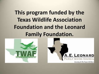 This program funded by the
Texas Wildlife Association
Foundation and the Leonard
Family Foundation.

 
