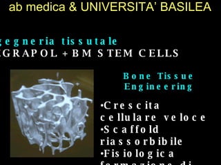 ab medica & UNIVERSITA’ BASILEA   Bone Tissue Engineering   physiological bone formation   Ingegneria tissutale DEGRAPOL + BM STEM CELLS Bone Tissue Engineering Crescita cellulare veloce Scaffold riassorbibile Fisiologica formazione di tessuto osseo   