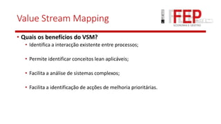 Value Stream Mapping
• Quais os benefícios do VSM?
• Identifica a interacção existente entre processos;
• Permite identificar conceitos lean aplicáveis;
• Facilita a análise de sistemas complexos;
• Facilita a identificação de acções de melhoria prioritárias.
 