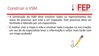 Construir o VSM
• A construção do VSM deve envolver todos os representantes das
áreas do processo que está a ser mapeado. Este processo deve ser
facilitado e liderado por um especialista.
• É melhor criar o mapa à mão e envolver toda a equipa na sua criação,
em vez de do especialista levar a informação e voltar mais tarde com
um mapa acabado!
 