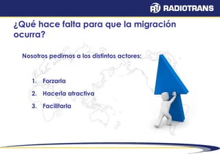 ¿Qué hace falta para que la migración 
ocurra? 
Nosotros pedimos a los distintos actores: 
1. Forzarla 
2. Hacerla atractiva 
3. Facilitarla 
 