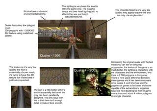 Quake - 1996
Quake has a very low polygon
count
200 polygons with 1 320X200
8bit texture using predeﬁned
palette.
No shadows or dynamic
environmental lighting
The projectile blood is of a very low
quality, they appear square-like and
are only one single colour.
The lighting is very basic the level is
lit by the game only. The in game
lamps and over head lighting add no
effects they are just bright
coloured textures.
The texture is of a very low
quality, the ﬂoor is
essentially a brown mesh,
itʼs trying to have this 3D
texture but it failed and it
just looks squashed.
The gun is a little better with itʼs
texture especially the barrel the
grey has been excellently
designed. The only issue with
this is that there isn't enough
detail to make it look smooth.
Quake 4 - 2005
Comparing the original quake with the last
made you can see an amazing
progression, the texture of the game is so
much better, the lighting is interacting with
the characters and the environment, and
there is 2,500 polygons is this game.
There is nine years difference between
these games and it has been nine years
since quake 4, and time has won the
graphics of games is far better and more
capable of the extraordinary, in games
today we have building fall from in game
interactions and about 4 million polygons
in a single character.
 