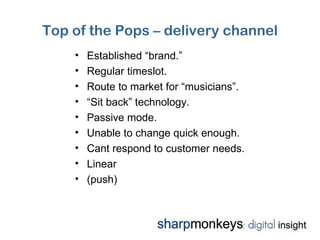 Top of the Pops – delivery channel
    •   Established “brand.”
    •   Regular timeslot.
    •   Route to market for “musicians”.
    •   “Sit back” technology.
    •   Passive mode.
    •   Unable to change quick enough.
    •   Cant respond to customer needs.
    •   Linear
    •   (push)
 