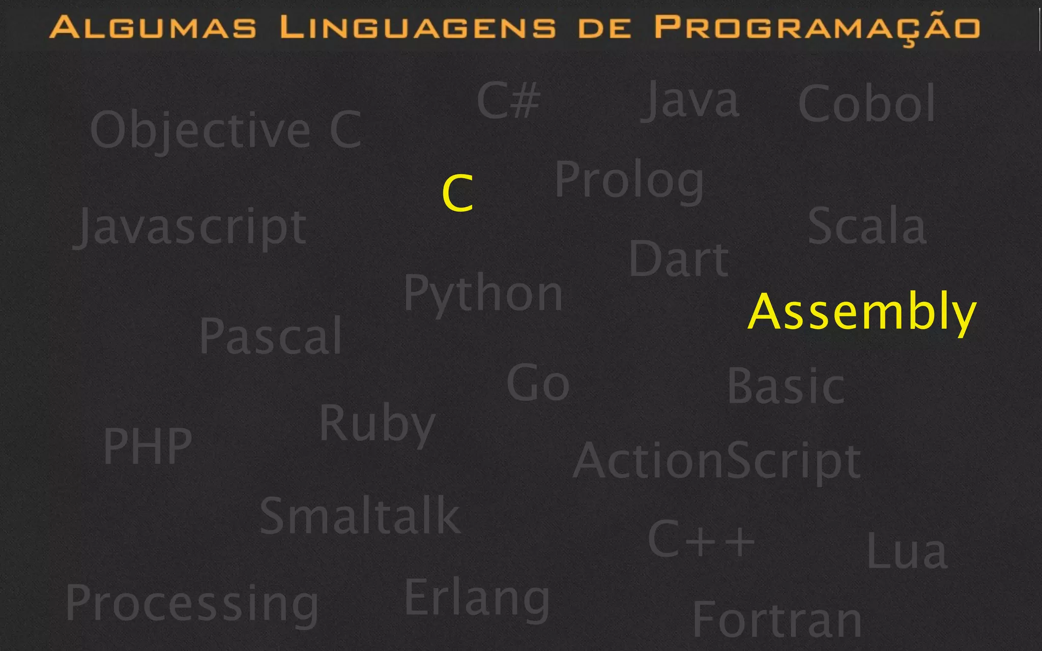 C#      Java   Cobol
Objective C
                    C        Prolog
Javascript                             Scala
                               Dart
                Python            Assembly
       Pascal
                        Go       Basic
 PHP         Ruby
                           ActionScript
         Smaltalk               C++      Lua
Processing      Erlang            Fortran
 
