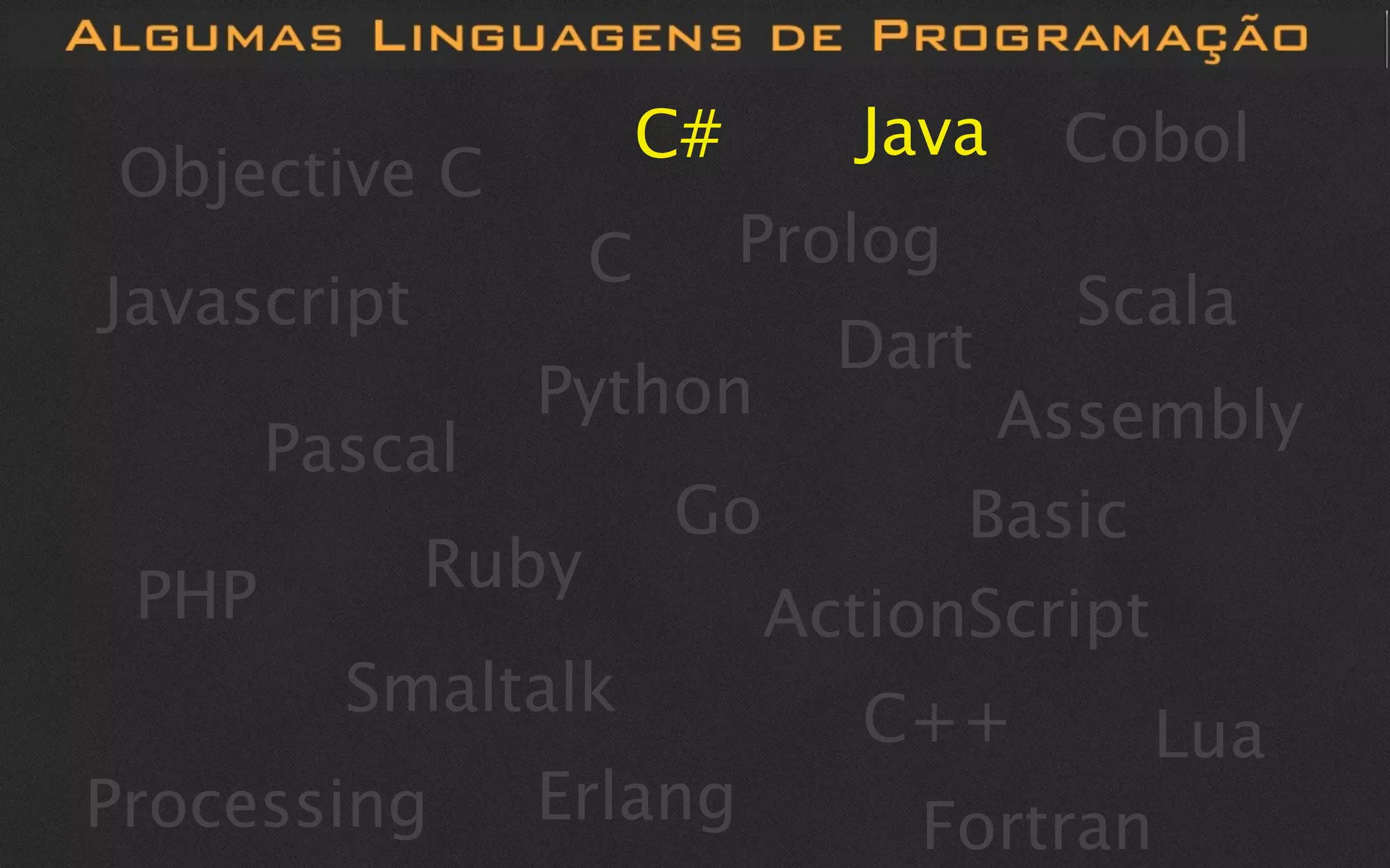 C#      Java   Cobol
Objective C
                    C        Prolog
Javascript                             Scala
                               Dart
                Python            Assembly
       Pascal
                        Go       Basic
 PHP         Ruby
                           ActionScript
         Smaltalk               C++      Lua
Processing      Erlang            Fortran
 