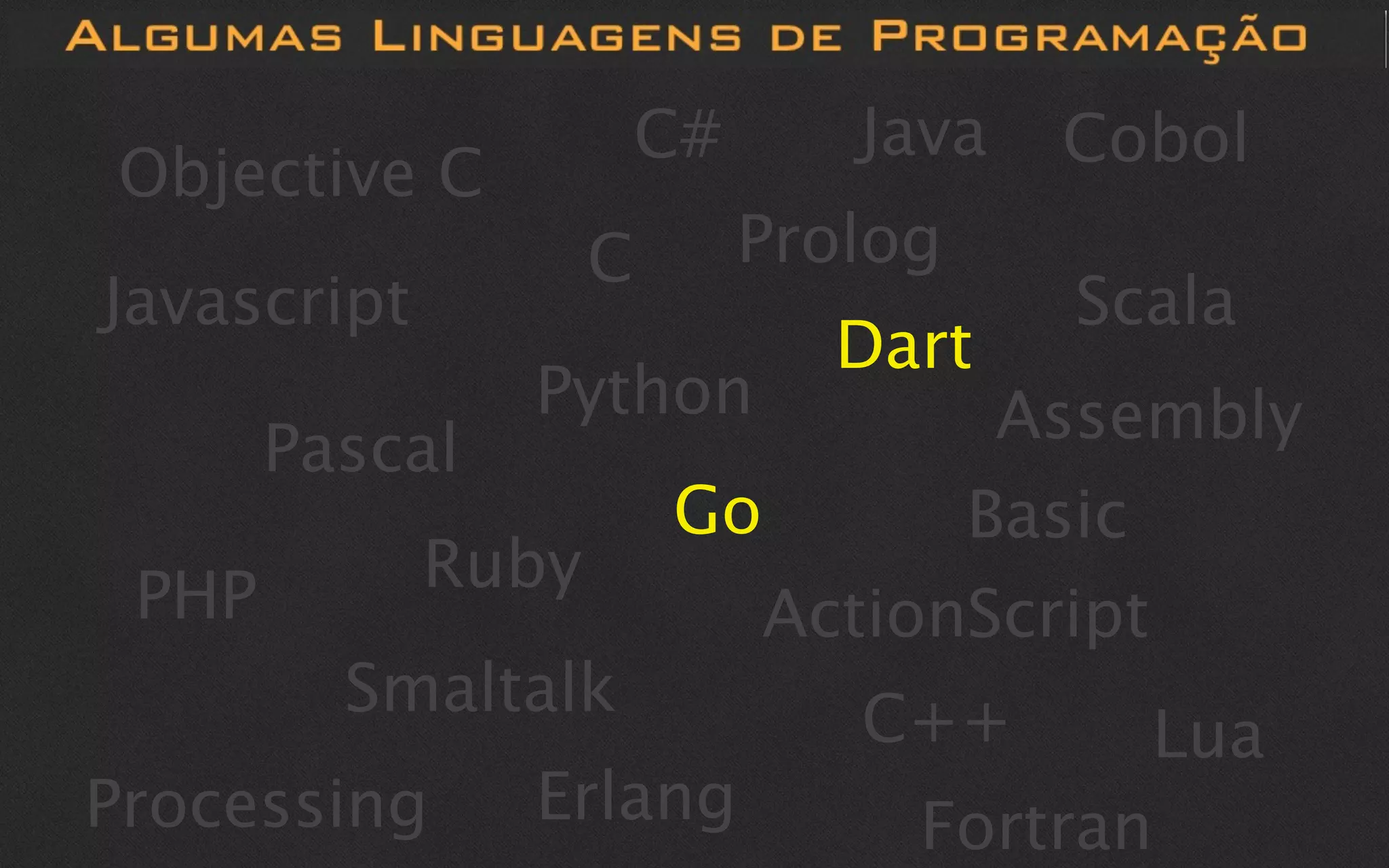 C#      Java   Cobol
Objective C
                    C        Prolog
Javascript                             Scala
                               Dart
                Python            Assembly
       Pascal
                        Go       Basic
 PHP         Ruby
                           ActionScript
         Smaltalk               C++      Lua
Processing      Erlang            Fortran
 