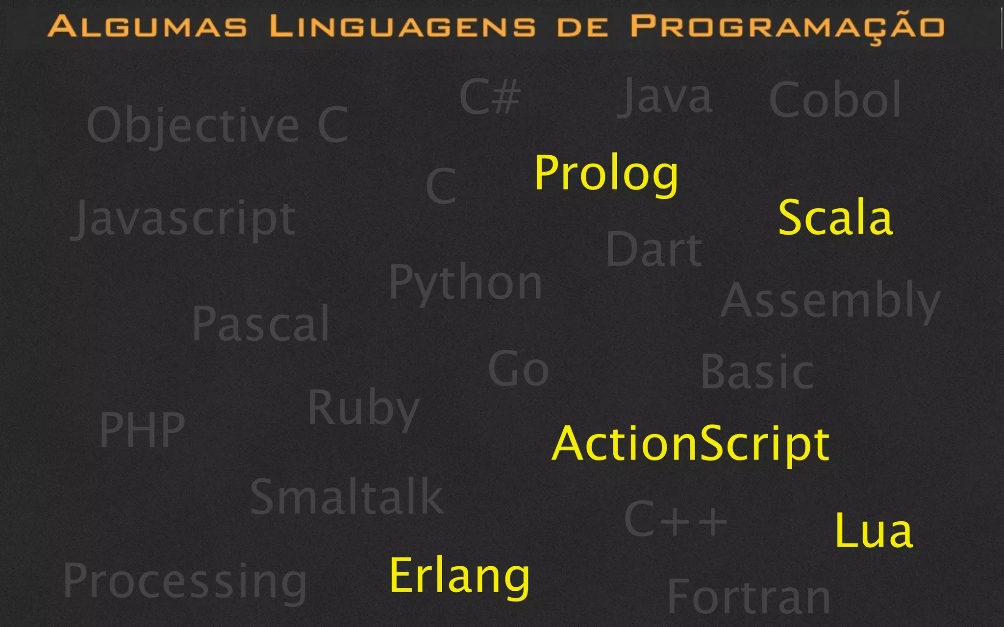 C#      Java   Cobol
Objective C
                    C        Prolog
Javascript                             Scala
                               Dart
                Python            Assembly
       Pascal
                        Go       Basic
 PHP         Ruby
                           ActionScript
         Smaltalk               C++      Lua
Processing      Erlang            Fortran
 