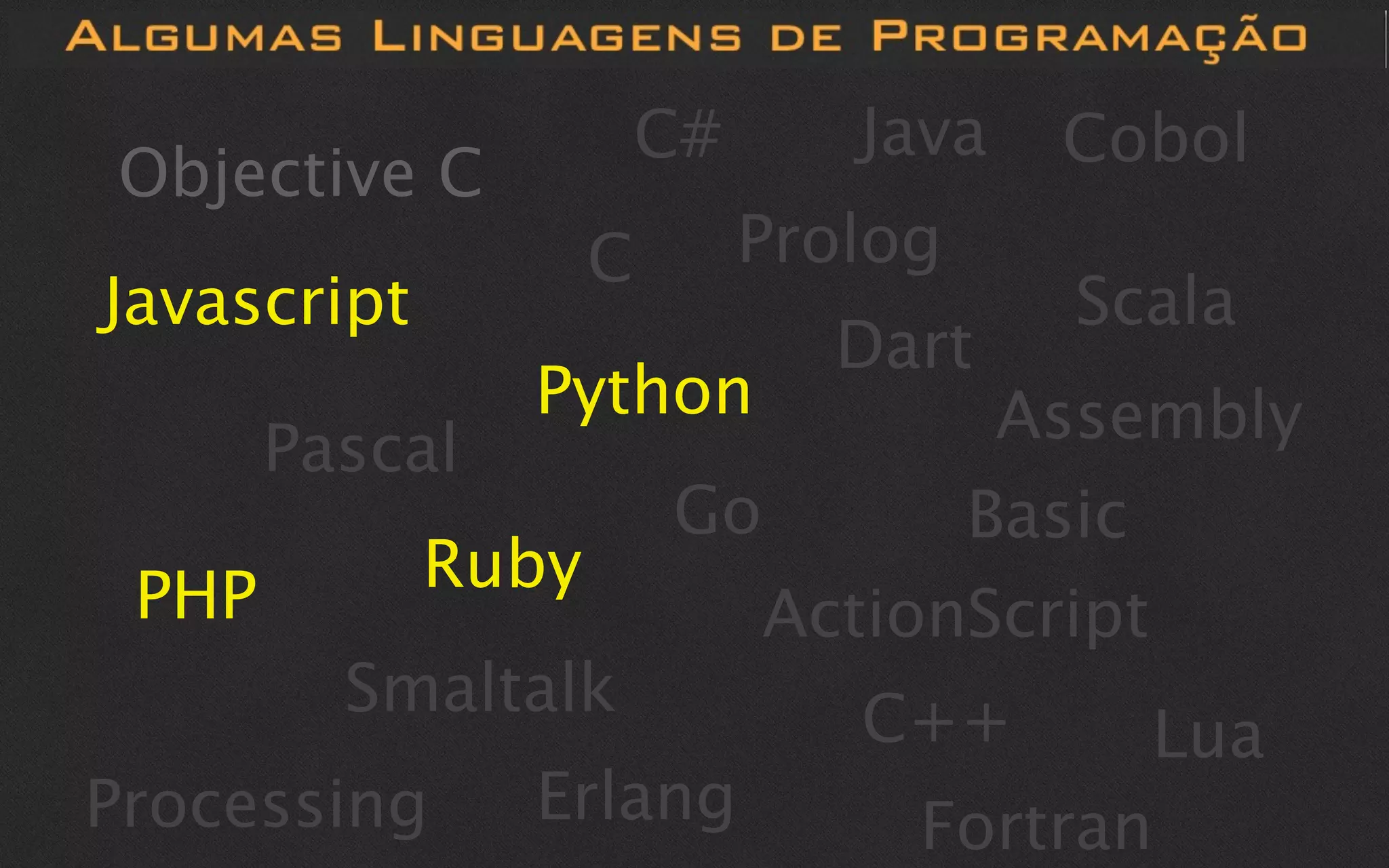 C#      Java   Cobol
Objective C
                    C        Prolog
Javascript                             Scala
                               Dart
                Python            Assembly
       Pascal
                        Go       Basic
 PHP         Ruby
                           ActionScript
         Smaltalk               C++      Lua
Processing      Erlang            Fortran
 