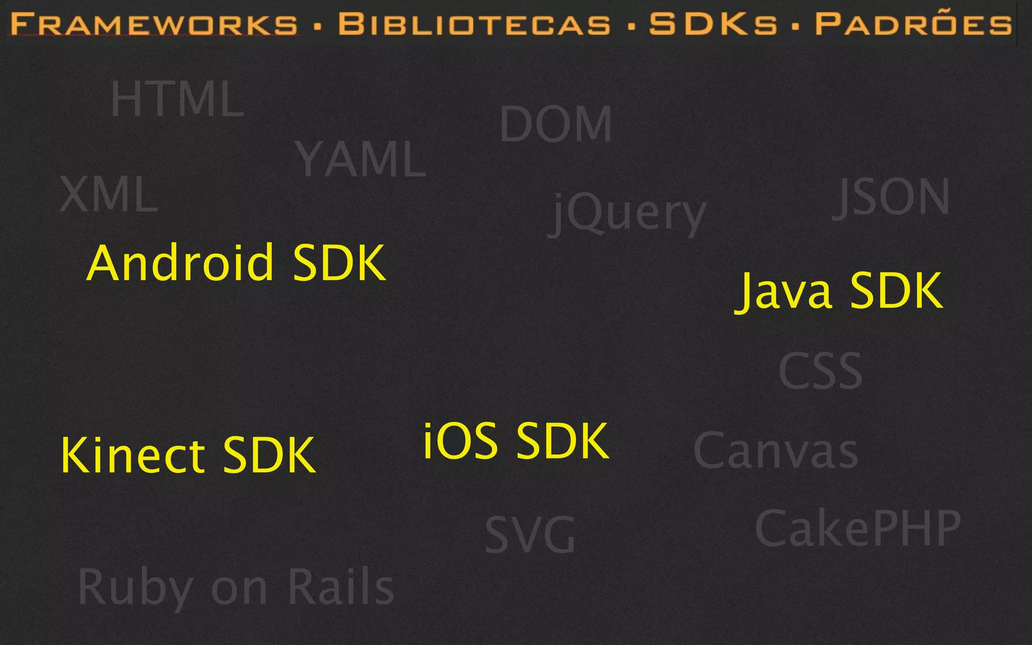 HTML
                  DOM
         YAML
XML                 jQuery      JSON
 Android SDK
                             Java SDK
                              CSS
Kinect SDK      iOS SDK   Canvas
                  SVG        CakePHP
Ruby on Rails
 