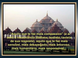 - “Aquilo que te faz mais compassivo” (e aí senti a ressonância tibetana, budista, taoísta de sua resposta), aquilo que te faz mais sensível, mais desapegado, mais amoroso, mais humanitário, mais responsável... 