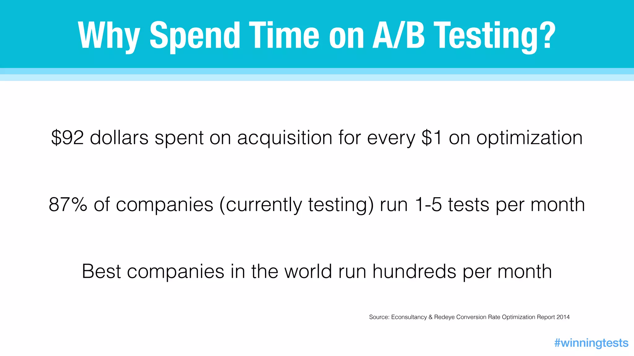 Why Spend Time on A/B Testing?
$92 dollars spent on acquisition for every $1 on optimization 
87% of companies (currently testing) run 1-5 tests per month 
Best companies in the world run hundreds per month
Source: Econsultancy & Redeye Conversion Rate Optimization Report 2014
#winningtests
 
