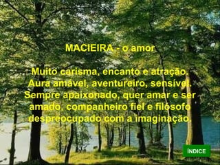 MACIEIRA - o amor Muito carisma, encanto e atração. Aura amável, aventureiro, sensível. Sempre apaixonado, quer amar e ser amado, companheiro fiel e filósofo despreocupado com a imaginação. ÍNDICE 