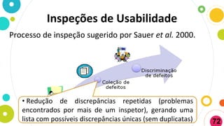 Inspeções de Usabilidade
Processo de inspeção sugerido por Sauer et al. 2000.
72
• Redução de discrepâncias repetidas (problemas
encontrados por mais de um inspetor), gerando uma
lista com possíveis discrepâncias únicas (sem duplicatas)
 
