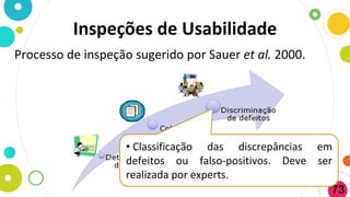 Inspeções de Usabilidade
Processo de inspeção sugerido por Sauer et al. 2000.
73
• Classificação das discrepâncias em
defeitos ou falso-positivos. Deve ser
realizada por experts.
 