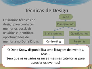 35
Técnicas de Design
Início
Planejamento
Cardsorting
Fim
Utilizamos técnicas de
design para conhecer
melhor os possíveis
usuários e identificar
oportunidades de
melhoria no Dona Know.
Questionários
Padrões de Design e GOMS
Análise
Personas
Brainstorming
O Dona Know disponibiliza uma listagem de eventos.
Mas...
Será que os usuários usam as mesmas categorias para
associar os eventos?
Cardsorting
 