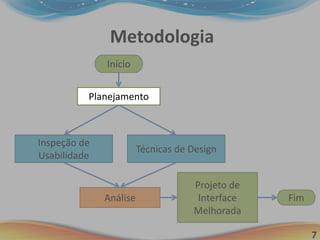 7
Metodologia
Início
Fim
Planejamento
Análise
Técnicas de Design
Projeto de
Interface
Melhorada
Inspeção de
Usabilidade
Planejamento
 