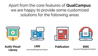Apart from the core features of QualCampus
we are happy to provide some customized
solutions for the following areas
Audio Visual
Library
Publication DMSLMS
Learning Management System Document Management System
 