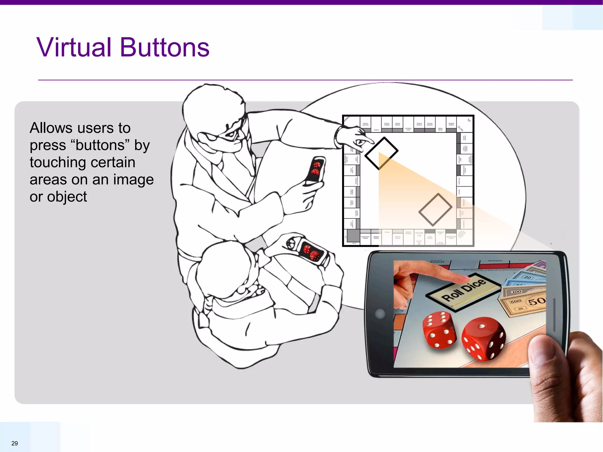Virtual Buttons

     Allows users to
     press “buttons” by
     touching certain
     areas on an image
     or object




29
 
