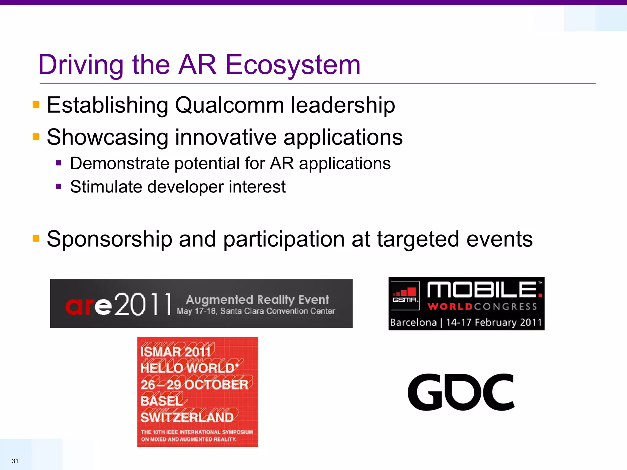 Driving the AR Ecosystem
      Establishing Qualcomm leadership
      Showcasing innovative applications
        Demonstrate potential for AR applications
        Stimulate developer interest


      Sponsorship and participation at targeted events




31
 