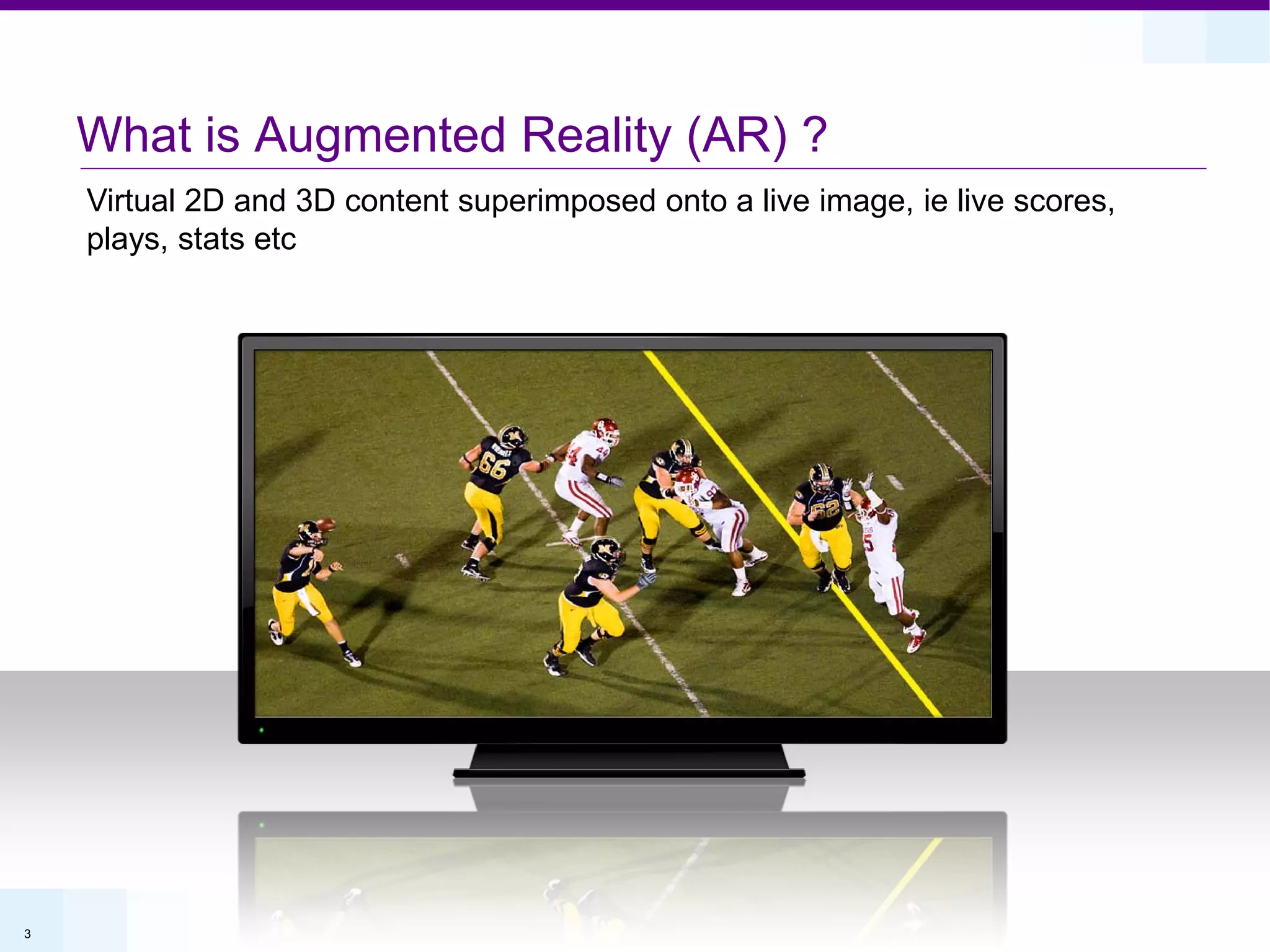 What is Augmented Reality (AR) ?
    Virtual 2D and 3D content superimposed onto a live image, ie live scores,
    plays, stats etc




3
 