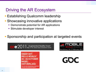 Driving the AR Ecosystem
      Establishing Qualcomm leadership
      Showcasing innovative applications
        Demonstrate potential for AR applications
        Stimulate developer interest


      Sponsorship and participation at targeted events




31
 