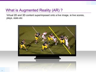 What is Augmented Reality (AR) ?
    Virtual 2D and 3D content superimposed onto a live image, ie live scores,
    plays, stats etc




3
 