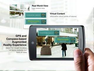 Real World View
                                 Live camera view


                                                    Virtual Content
                                                    Information about points of interest




              GPS and
      Compass-based
           Augmented
    Reality Experience
      Good for rough location
         of items outside our
                 field of view




4
 