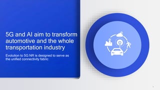 5
5G and AI aim to transform
automotive and the whole
transportation industry
Evolution to 5G NR is designed to serve as
the unified connectivity fabric
 