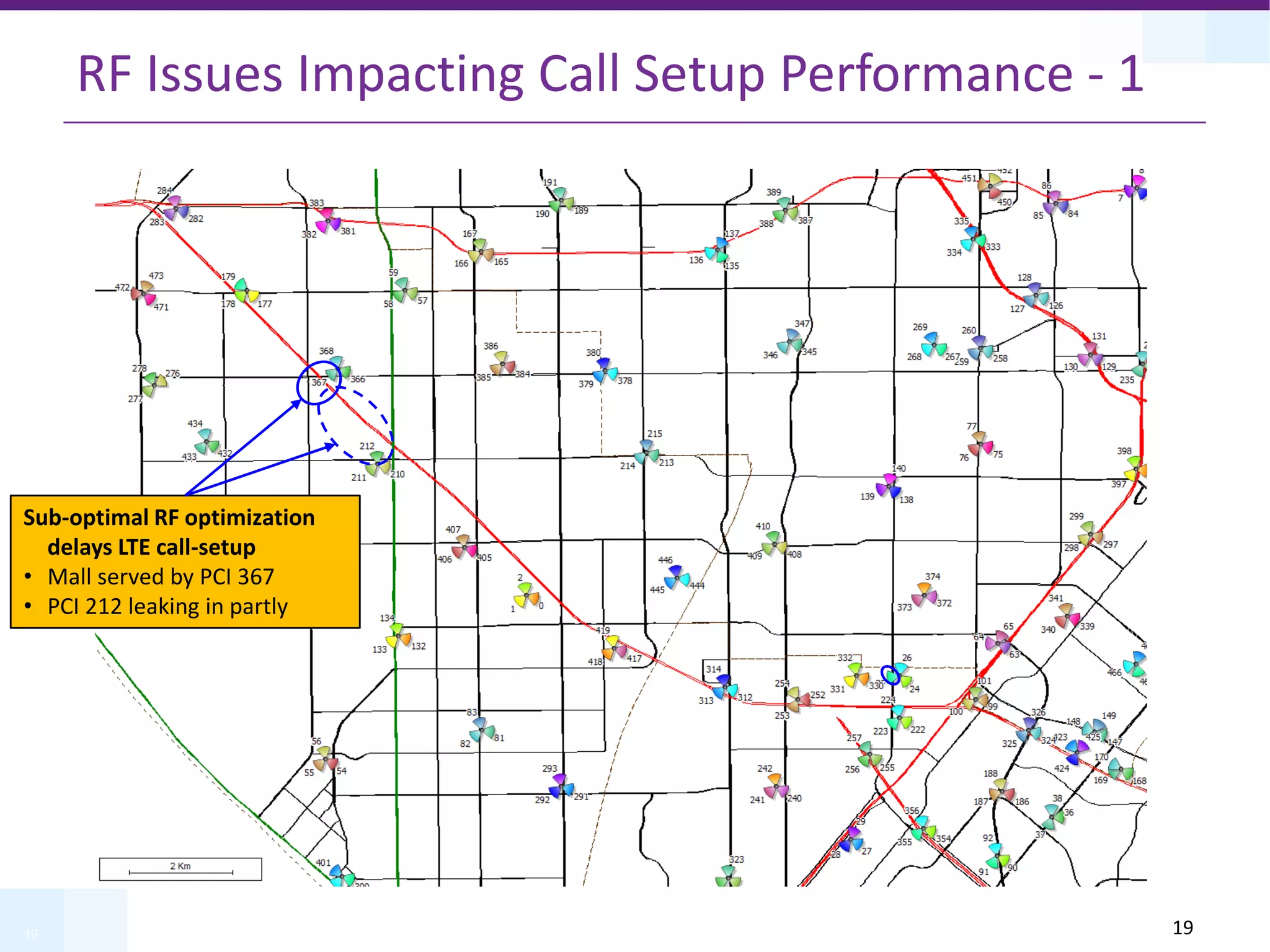 19
RF Issues Impacting Call Setup Performance - 1
Sub-optimal RF optimization
delays LTE call-setup
• Mall served by PCI 367
• PCI 212 leaking in partly
19
 