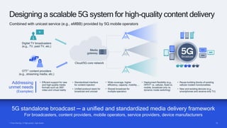 10
10
1 Over-the-top; 2 High-power, high-tower
Designing a scalable 5G system for high-quality content delivery
5G standalone broadcast ─ a unified and standardized media delivery framework
For broadcasters, content providers, mobile operators, service providers, device manufacturers
OTT1 content providers
(e.g., streaming media, etc.)
Digital TV broadcasters
(e.g., TV, paid TV, etc.)
Cloud/5G core network
Media
gateway
• Standardized interface
for content injection
• Unified protocol stack for
broadcast and unicast
• Reuse building blocks of existing
cellular modem functionalities
• New and existing devices (e.g.,
smartphones and receive-only TV)
• Wide coverage, higher
efficiency, capacity, mobility, …
• Shared broadcast for
multiple operators
• Deployment flexibility (e.g.,
HPHT2 vs. cellular, fixed vs.
mobile, broadcast only vs.
dynamic mode switching)
Broadcast
Addressing
unmet needs
(Examples)
• Efficient support for new
and high-quality media
formats such as 360o
video and virtual reality
Combined with unicast service (e.g., eMBB) provided by 5G mobile operators
 