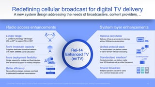 15
1 Cyclic Prefix; 2 Inter-site distance; 3 Such as CMAF: Common Media Application Format that is compatible with unicast and broadcast stacks; 4 Defined a set of standardized APIs
Redefining cellular broadcast for digital TV delivery
A new system design addressing the needs of broadcasters, content providers, …
System layer enhancements
Radio access enhancements
Broadcast
Broadcast
Unicast control
xMB
Content provider
Receive only mode
Delivery of free-to-air content to devices
without SIM/service subscription
Unified protocol stack
TV broadcasters can deliver content
in native format3 without transcoding
Standardized interface4
Content providers can deliver media
over 5G Broadcast with a unified framework
Shared broadcast
Multiple operators can serve users
on a common broadcast carrier
Longer range
1-symbol numerology with longer
200 µs CP1 to support 15 km ISD2
More broadcast capacity
Supports dedicated broadcast network
with 100% eMBMS carrier allocation
More deployment flexibility
Single network for mobile and fixed devices
with enhanced support for rooftop reception
Better efficiency
New subframe design reduces overhead
in dedicated broadcast transmissions
Rel-14
Enhanced TV
(enTV)
 