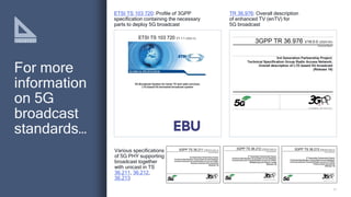 21
For more
information
on 5G
broadcast
standards…
ETSI TS 103 720: Profile of 3GPP
specification containing the necessary
parts to deploy 5G broadcast
TR 36.976: Overall description
of enhanced TV (enTV) for
5G broadcast
Various specifications
of 5G PHY supporting
broadcast together
with unicast in TS
36.211, 36.212,
36.213
 