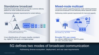 4
4
1 Single-cell point-to-multipoint
5G defines two modes of broadcast communication
Addressing diverse ecosystem, deployment, and use case requirements
Standalone broadcast Mixed-mode multicast
Dedicated broadcasting network to provide a common delivery
platform for richer contents and services
Addressing broadcaster requirements for content delivery
Low-power network supporting dynamic mode switching between
unicast and broadcast to more efficiently deliver identical content
Addressing mobile operator requirements for improved capacity
Single Frequency Network (SFN)
for downlink broadcast only
Live distribution of mass media content
e.g., digital TV, live sports, and digital signage
Dynamic switching between broadcast
and unicast, e.g., SC-PTM1
Broader 5G use cases
e.g., efficient eMBB delivery, SW/FW update,
IoT, V2X, and public safety
 