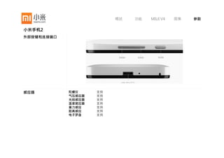 概述       功能     MIUI V4   图集       参数

小米手机2
拍照      后置摄像头     800万像素
        前置摄像头     200万像素（支持1080p 摄像）
        传感器类型     新一代背照式CMOS
        闪光灯       LED闪光灯
        光圈        F/2.0大光圈
        连拍功能      每秒8连拍
        ISO感光模式   支持可选
        测光模式      支持可选
        白平衡       支持可选
        对焦方式      支持可选
        对焦区域      支持可选
        自动对焦      支持
        拍摄风格      支持可选
        拍摄场景      支持可选
        其它性能      零快门延迟、人脸识别、高动态范围（HDR）、陀螺仪辅助对焦、
                  手持夜景防抖、实时滤镜
        广角        27mm超大广角
多媒体播放   音乐播放      支持mp3、acc、amr、ogg、m4a、mid、wma、flac、ape、aac、
                  wav等格式
        视频播放      支持1080p （1920x1080，30帧/秒）视频播放
                  支持mp4、h.263、h.264、rmvb、flv720p
        图片播放      支持JPEG、PNG、GIF、BMP等格式
        Flash播放   支持
        收音机       支持
 