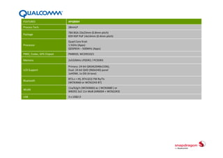 Snapdragon             Snapdragon                   Snapdragon                     Snapdragon
System 1               System 2                     System 3                       System 4 
Processors             Processors                   Processors                     Processors
      2009                   2010                        2011                            2012                   
  High Volume          High Performance            For Multi‐tasking &              Next Generation 
  Smart phones          Smart phones &             Advanced Gaming                 Devices in Multiple 
                            Tablets                                                    Segments
S1 Class includes:     S2 Class includes:           S3 Class includes:             S4 Class includes:
QSD8650                MSM8655                      MSM8660                        APQ8064
QSD5250                MSM8255                      MSM8260                        APQ8060A
MSM7627                MSM7630                      APQ8060                        MPQ8064
MSM7227                MSM7230                                                     MSM8960T(Pro)
MSM7625                                                                            MSM8960
MSM7225                                                                            MSM8660A
MSM7627A                                                                           MSM8260A
MSM7227A                                                                           APQ8030
MSM7625A                                                                           MSM8930
MSM7225A                                                                           MSM8630
                                                                                   MSM8627
                                                                                   MSM8227
                                                                                   MSM8625
                                                                                   MSM8225
 