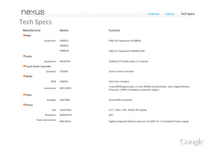 Features      Gallery       Tech Specs

Tech Specs
 Manufacturer                   Device                                Function
 ▼Processor
                    Qualcomm    Qualcomm Snapdragon S4 Pro, APQ8064   1.5GHz, Quad‐core/Krait core/1MB L2, Adreno 320 GFx
 ▼Memory
                    SAMSUNG     K3PE0E000A‐XGC2                       Dual‐channel, x32, 16Gb LPDDR2, LPDDR2‐1066
                      Toshiba   THGBM5G6A2JBAIR                       Toshiba 4.4/4.41 eMMC
                                                                      8GB eMMC: THGBM5G6A2JBAIR
 ▼Radio Frequency
                      Murata    Package marking: SS2908001            ‧802.11 a/b/g/n Wi‐Fi
                                                                      ‧Bluetooth
                    Qualcomm    MDM9215M                              Baseband processor
                                                                      ‧Rel 9 LTE TDD/FDD Cat 3(100/50Mbps)
                                                                      ‧Rel 9 DCHSPA+(42/5.76Mbps)
                                                                      ‧TD‐SCDMA(4.2/2.2Mbps)
                                                                      ‧QICE
                                                                      ‧Integrated Memory

                                WTR1605L                              Multi‐band* plus 700/1500/2600/B41 GPS+Glonass
                      AVAGO     ACPM‐7251                             Quad‐Band GSM/EDGE and Dual‐Band UMTS (B1/B5)
                                                                      • Quad Band GSM/EDGE (GSM850/900, DCS1800/PCS1900)
                                                                      • UMTS Dual‐Band (Band1 – UMTS & LTE and Band5 UMTS & LTE)
                                A5505                                 Power amplifiers for Band 5 ‐ UMTS
                                A5704                                 Power amplifiers for Band 4 ‐ LTE/UMTS
                                A5702                                 Power amplifiers for Band 2 ‐ LTE/UMTS
                                ALM‐3012                              GNSS LNA‐Filter Front‐End Module with Optional Differential Outputs

                      Murata    SWV GFD49
                       RFMD     RF1156                                Broadband low power SP5T(single‐pole five‐throw) switch
 