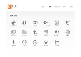 概述       功能     MIUI V4     图集   参数




支持MHL移动终端高清影音标准接口与WIFI Display技术，通过与高清电视HDMI接口链接或使用WIFI无线连接，
在1080P高清电视上欣赏电影、看手机相册或玩手机3D游戏。
 
