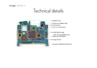 nexus 5

RFMD RF1119
Qualcomm PM8841 PMIC
AKM AK8963
Invensense MPU‐6515 

16GB/32GB storage
16GB: Sandisk SDIK8DE4‐16G
Qualcomm WTR1605L 
Avago RF1335
Broadcom BCM4339 WiFi/BT SoC

 