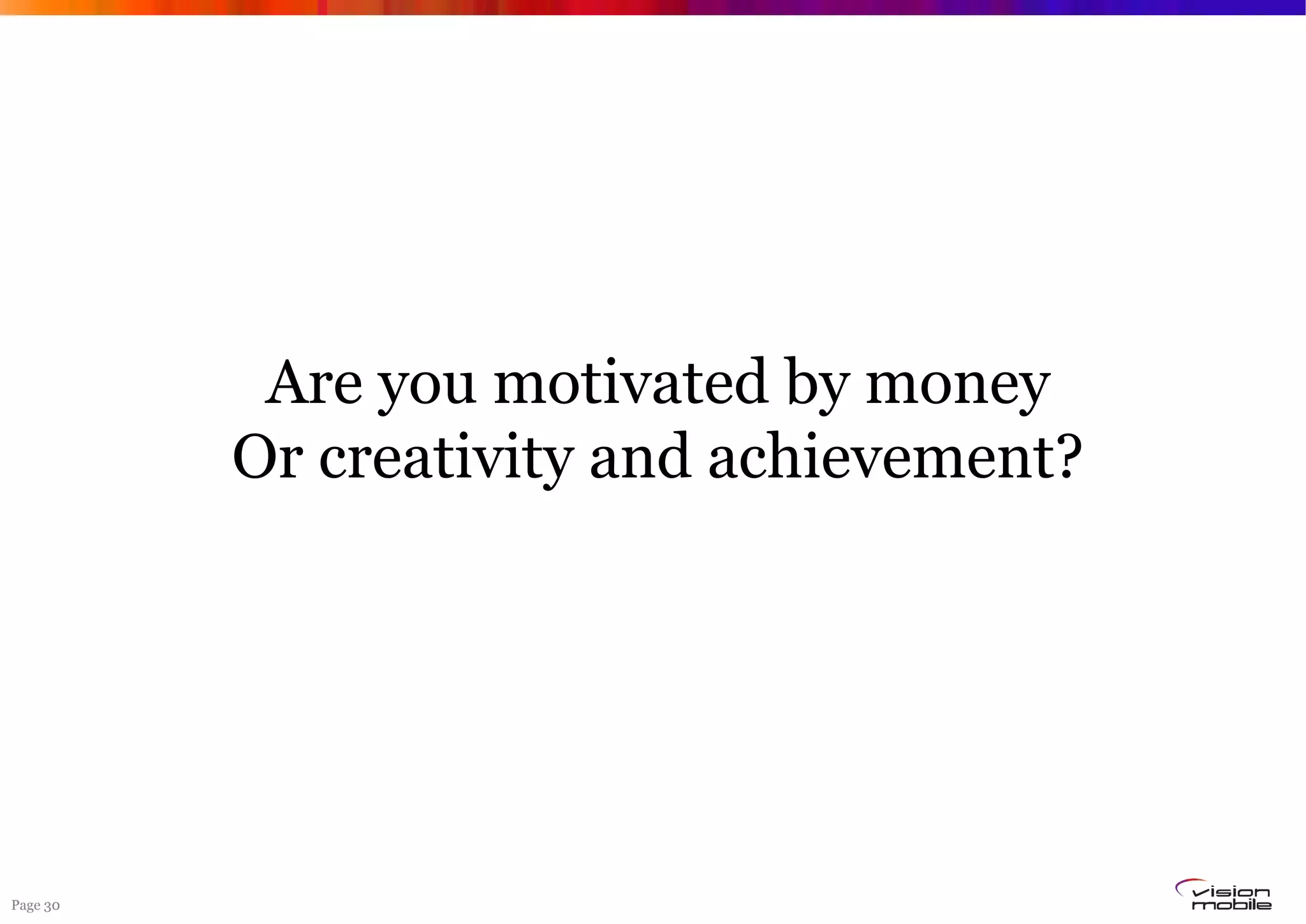 Page 30
Are you motivated by money
Or creativity and achievement?
 