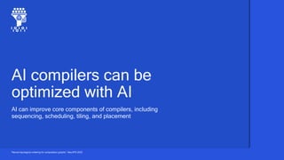AI can improve core components of compilers, including
sequencing, scheduling, tiling, and placement
AI compilers can be
optimized with AI
“Neural topological ordering for computation graphs”, NeurIPS 2022
 