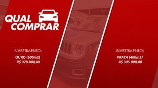 INVESTIMENTO:
OURO (600m2)
R$ 370.000,00
PRATA (400m2)
R$ 305.000,00
INVESTIMENTO:
 