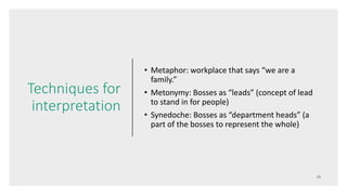 Techniques for
interpretation
• Metaphor: workplace that says “we are a
family.”
• Metonymy: Bosses as “leads” (concept of lead
to stand in for people)
• Synedoche: Bosses as “department heads” (a
part of the bosses to represent the whole)
 