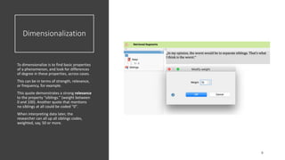 Dimensionalization
To dimensionalize is to find basic properties
of a phenomenon, and look for differences
of degree in these properties, across cases.
This can be in terms of strength, relevance,
or frequency, for example.
This quote demonstrates a strong relevance
to the property “siblings.” (weight between
0 and 100). Another quote that mentions
no siblings at all could be coded “0”.
When interpreting data later, the
researcher can all up all siblings codes,
weighted, say, 50 or more.
 