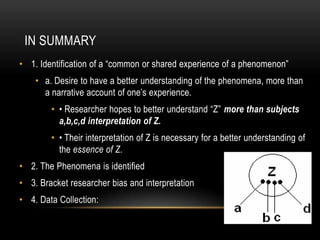 IN SUMMARY
• 1. Identification of a “common or shared experience of a phenomenon”
    • a. Desire to have a better understanding of the phenomena, more than
      a narrative account of one‟s experience.
        • • Researcher hopes to better understand “Z” more than subjects
          a,b,c,d interpretation of Z.
        • • Their interpretation of Z is necessary for a better understanding of
          the essence of Z.
• 2. The Phenomena is identified
• 3. Bracket researcher bias and interpretation
• 4. Data Collection:
 