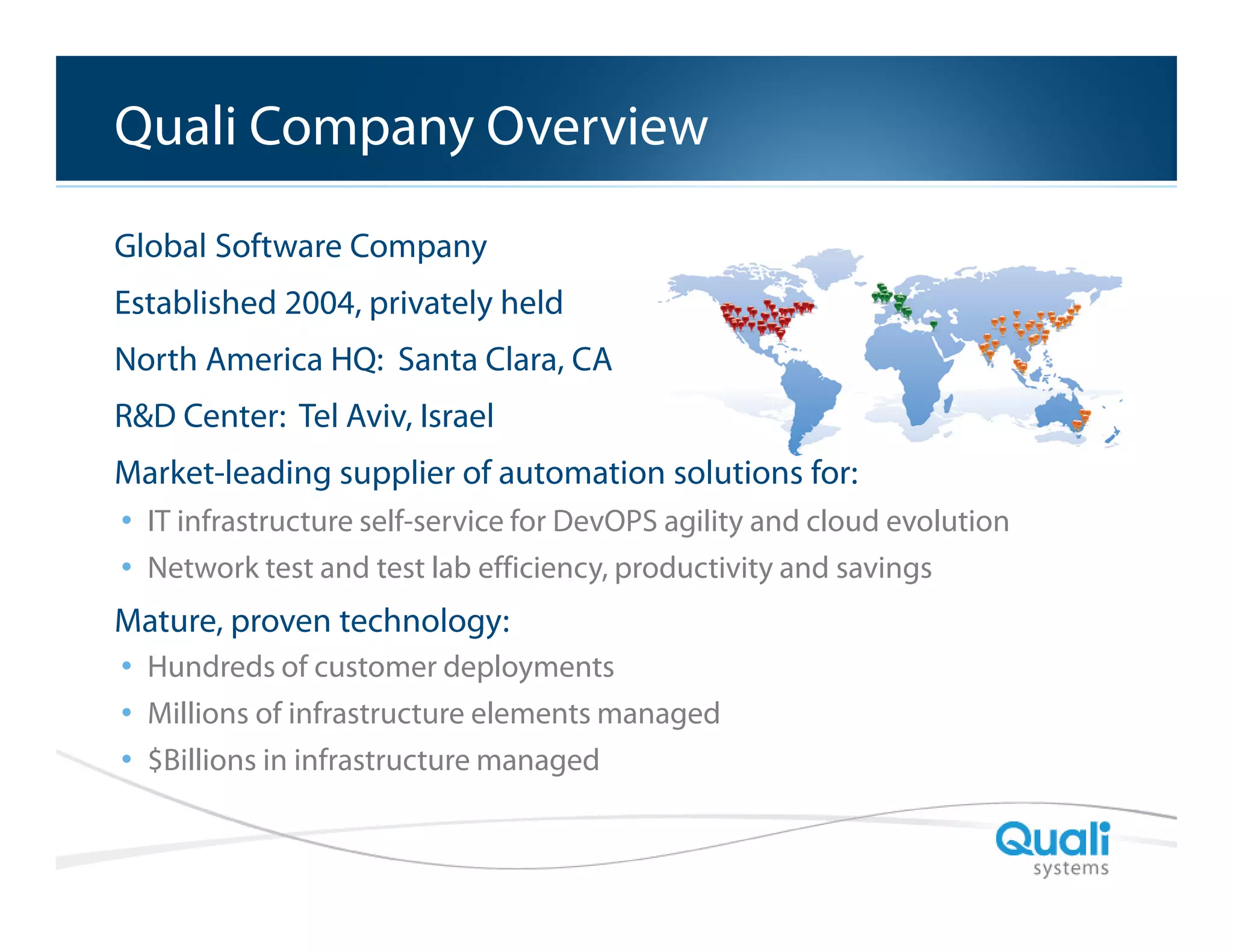 Slide Header…

Quali Company Overview
Global Software Company
Established 2004, privately held
North America HQ: Santa Clara, CA
R&D Center: Tel Aviv, Israel
Market-leading supplier of automation solutions for:
• IT infrastructure self-service for DevOPS agility and cloud evolution
• Network test and test lab efficiency, productivity and savings
Mature, proven technology:
• Hundreds of customer deployments
• Millions of infrastructure elements managed
• $Billions in infrastructure managed
QualiSystems Proprietary & Confidential

 